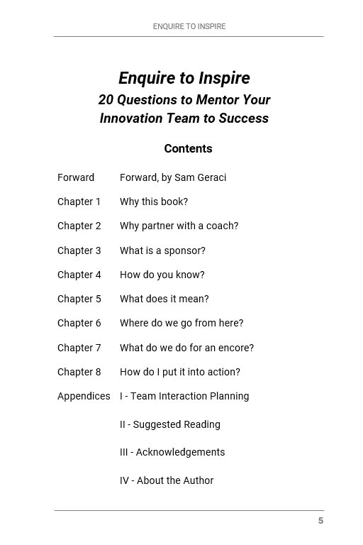 Book: "Enquire to Inspire: 20 Questions to Mentor Your Innovation Team to Success"